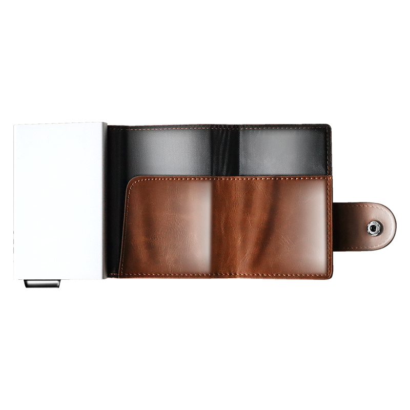 Pop Up PU Leather Metal Wallet RFID Blocking Customized Aluminium Credit Card Holder 