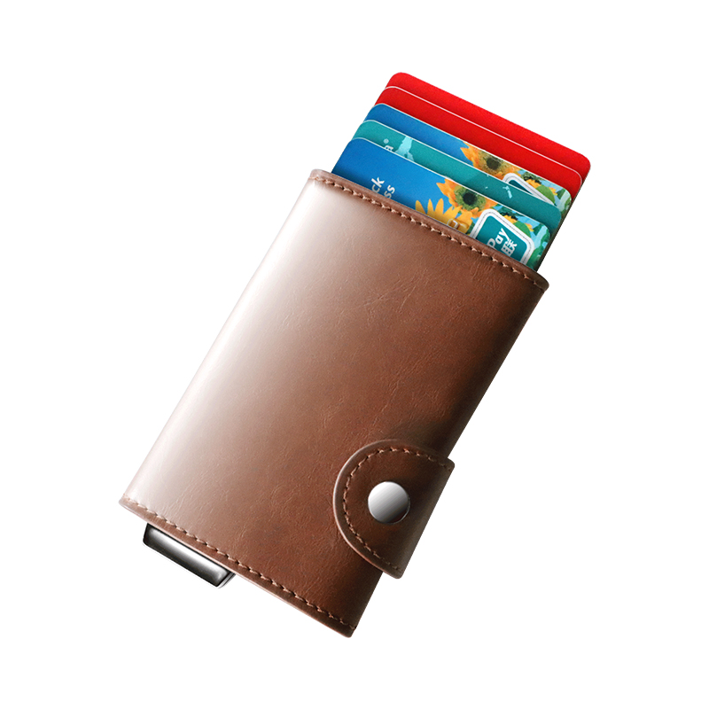 Pop Up PU Leather Metal Wallet RFID Blocking Customized Aluminium Credit Card Holder 